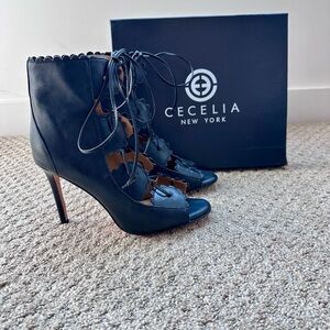 Cecelia New York Black Leather Scalloped Lace-Up Peep Toe Booties |10| Worn Once